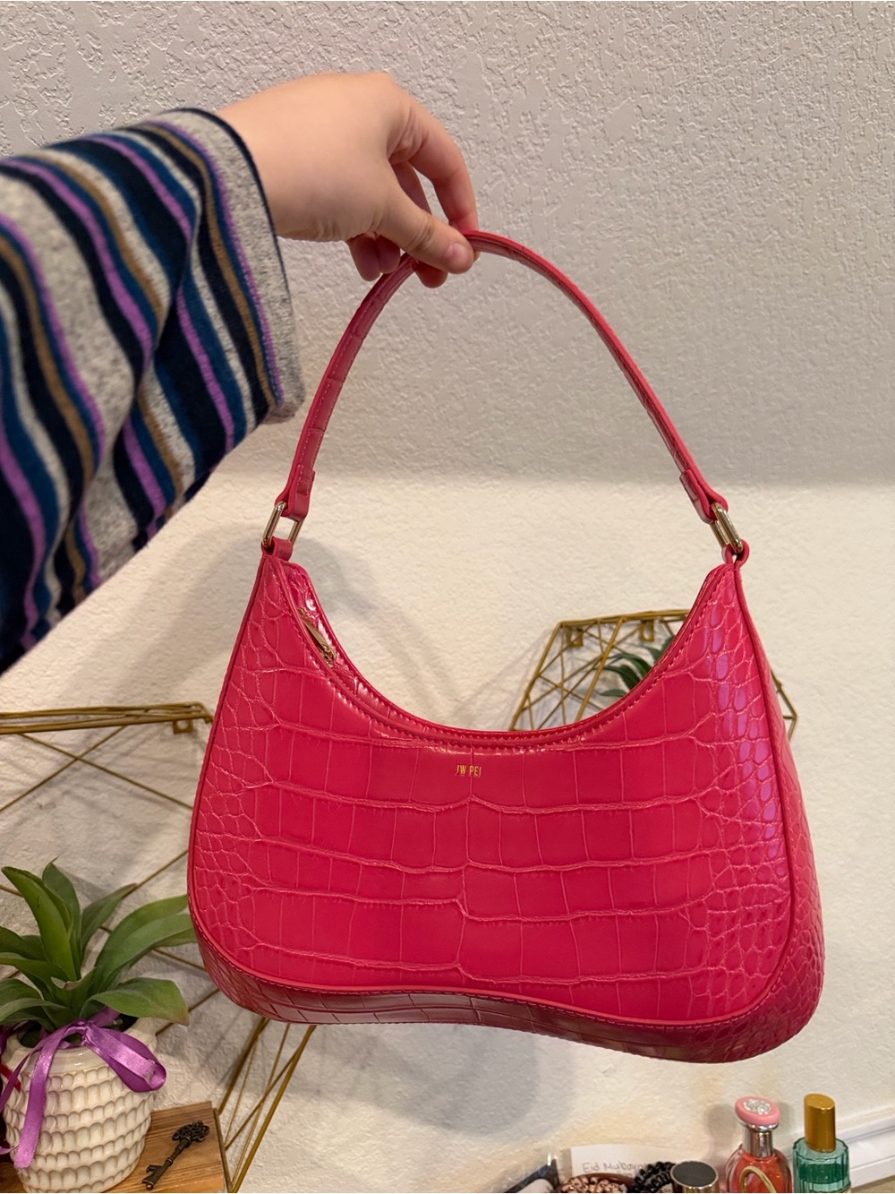 JW Pei Judy Hot Pink Croc-Embossed Shoulder Bag